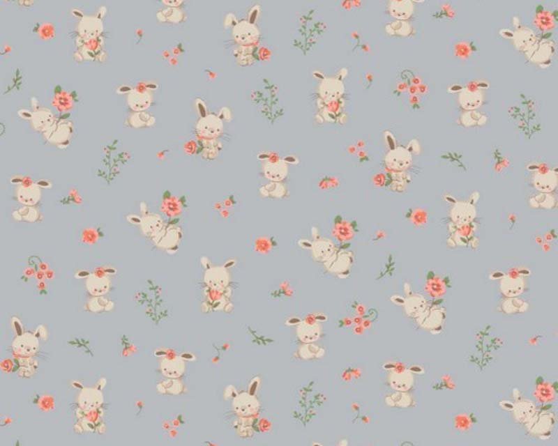 100% Organic Cotton Poplin Fabric Sweet Bunny Rabbit Floral Flowers 