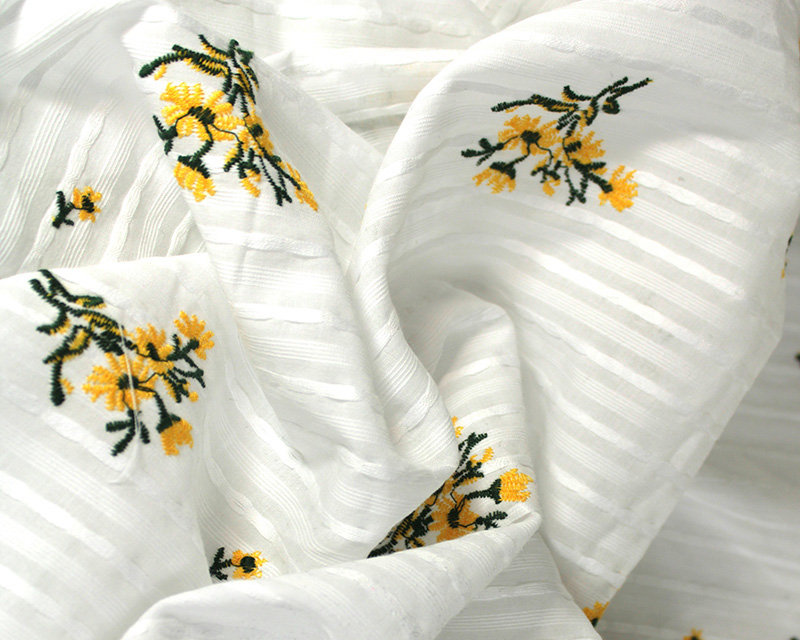 Cotton Embroidery Stripe Yellow Flowers
